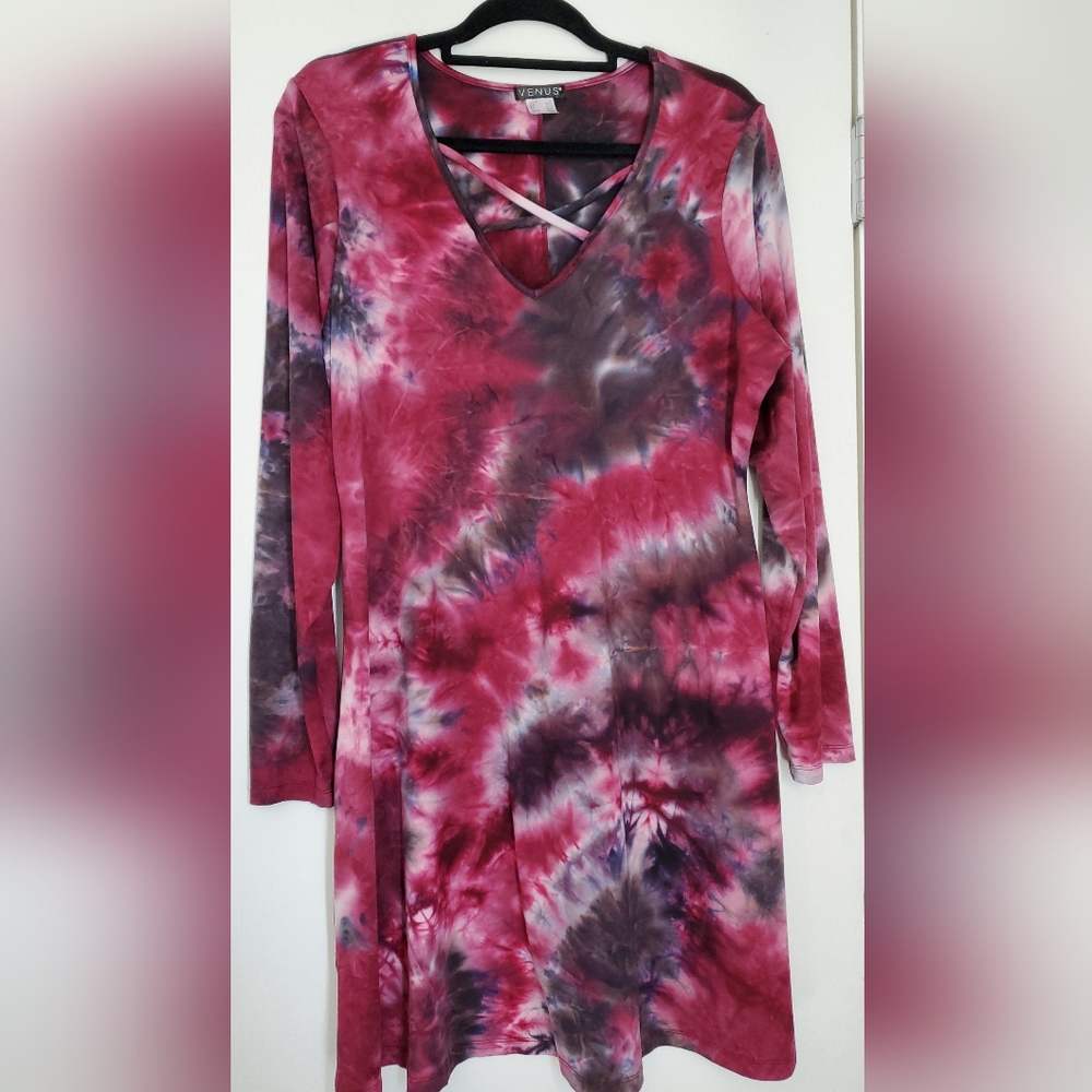 VENUS Wine Red and Black Tie-Dye Long Sleeved Dress, Knee Length, XL, 14-18